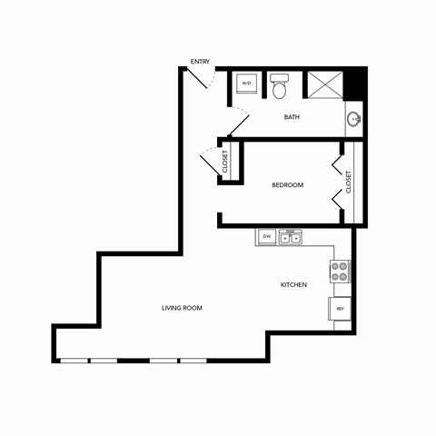 Floor plan for 1 bed, 1 bath, 783 sqft